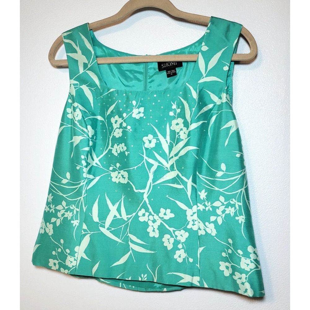 Shomi Celadon‎ Floral Silk Bamboo Sleeveless Top Zip Lined Sequin Beads Size 12
